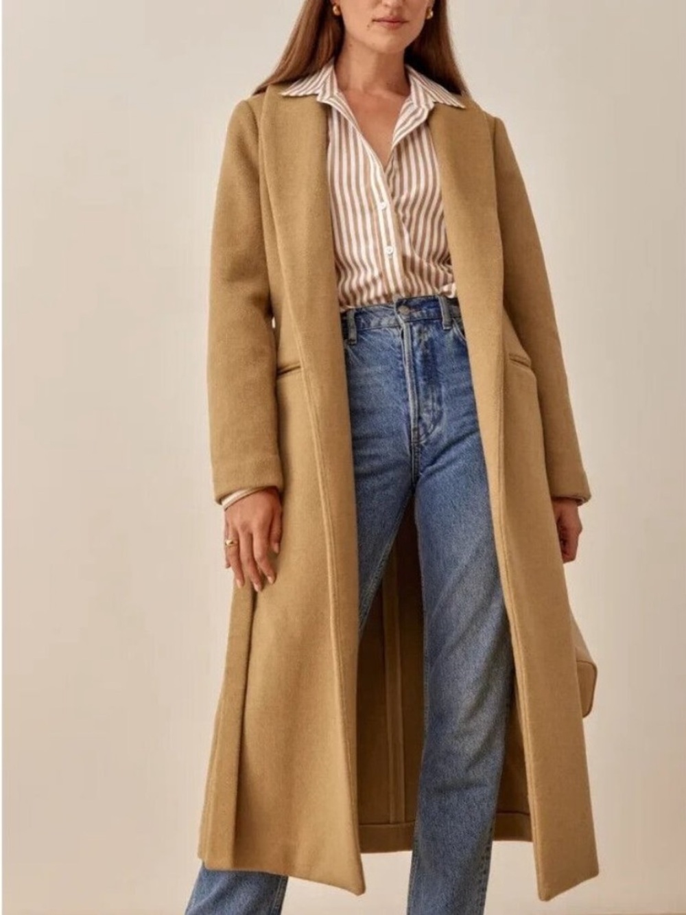 REFORMATION Greenwich Coat Camel L Wool Blend Tan Belted Coat